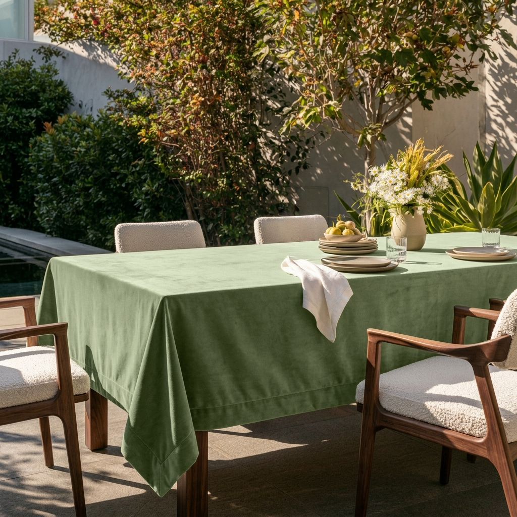 Sage Green Rectangular Velvet Tablecloth in a Contemporary Patio Dining Area with Walnut Chairs