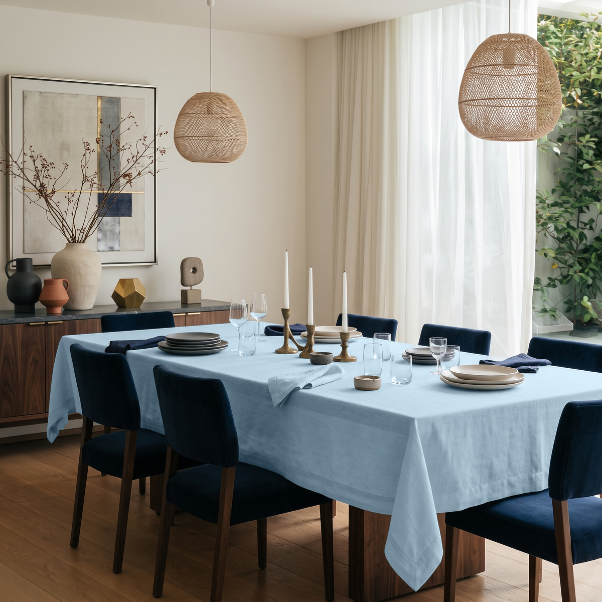Sky Blue Rectangular Linen Tablecloth in a Contemporary Dining Room with Navy Upholstered Chairs