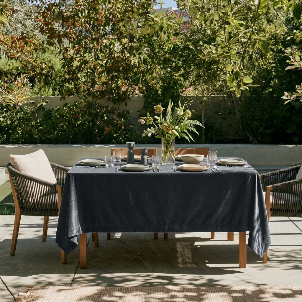 Steel Black Rectangular Velvet Tablecloth in a Contemporary Patio Dining Area with Woven Chairs