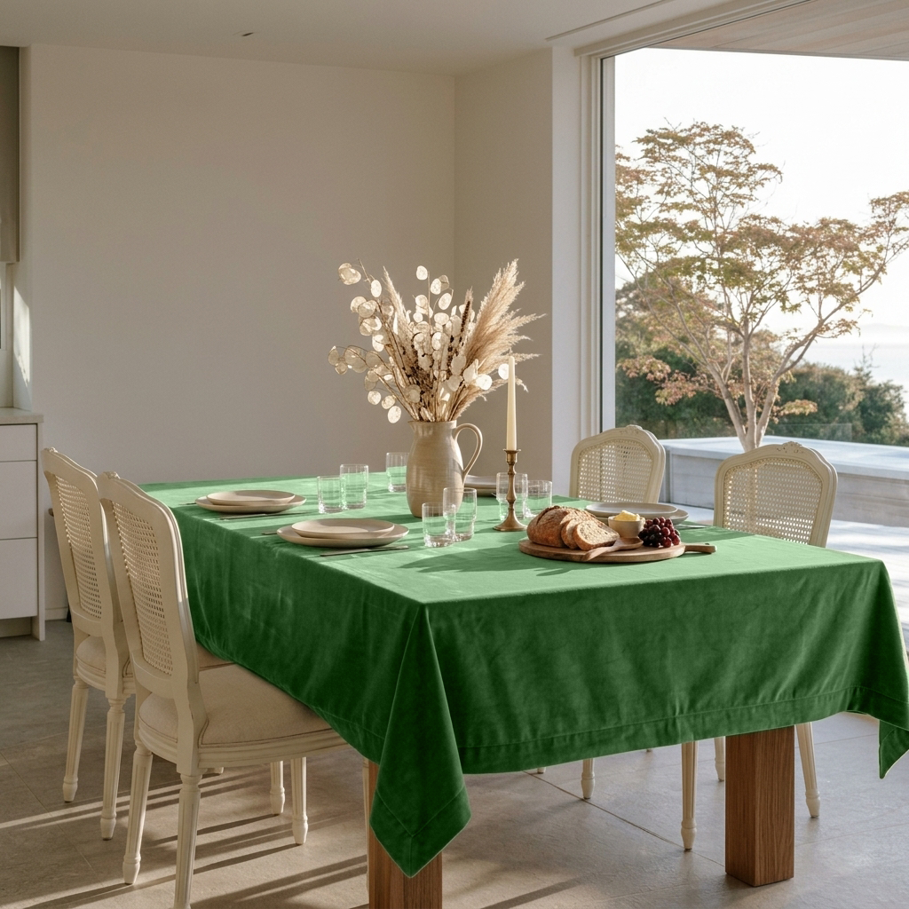 Fern Green Rectangular Velvet Tablecloth in a Transitional Dining Room with White Cane Chairs and Floor-to-Ceiling Windows