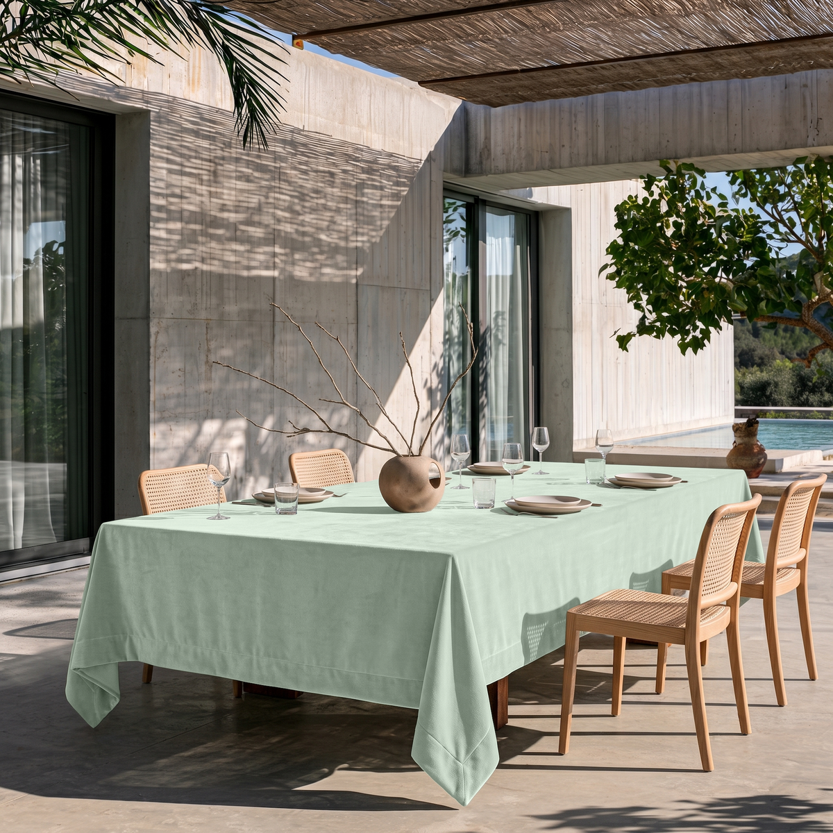 Mint Green Rectangular Velvet Tablecloth in a Contemporary Patio Dining Area with Cane Chairs