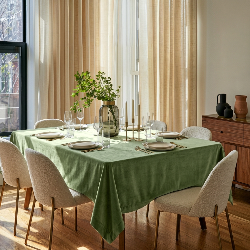 Sage Green Rectangular Velvet Tablecloth in a Contemporary Dining Room with Cream Bouclé Chairs and Beige Curtains