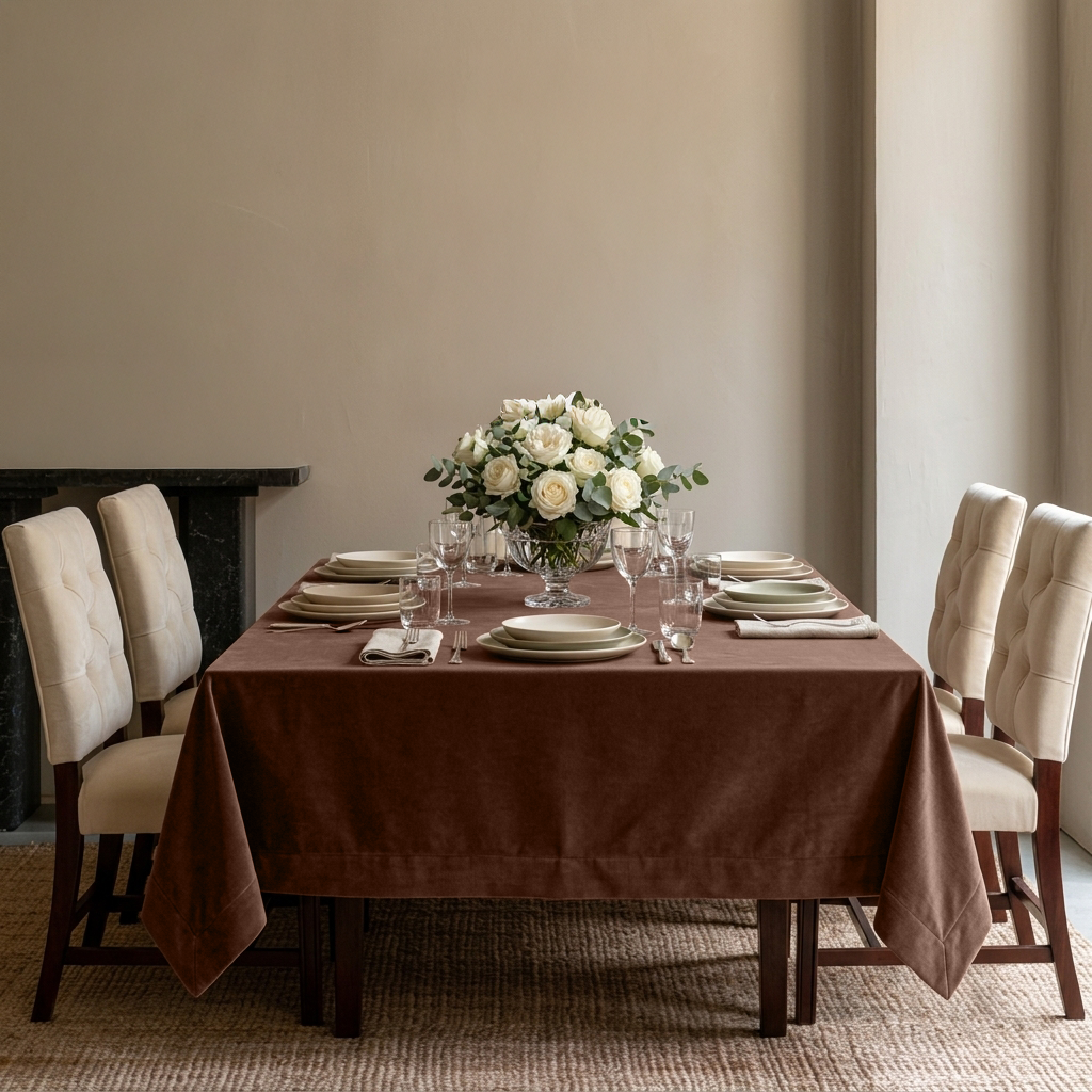 Chocolate Brown Rectangular Velvet Tablecloth in a Transitional Dining Room with Cream Upholstered Chairs and Black Marble Fireplace