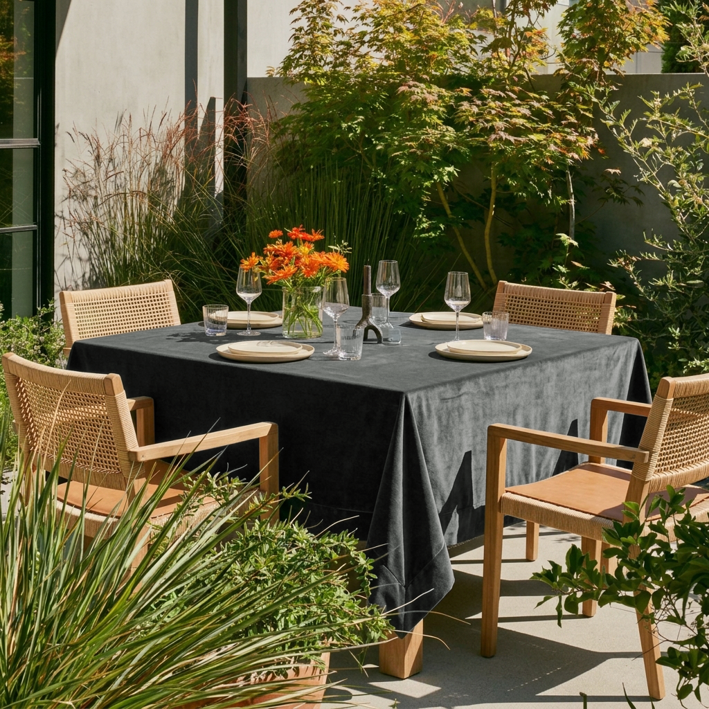 Dark Grey Rectangular Velvet Tablecloth in a Contemporary Patio Dining Area with Cane Chairs