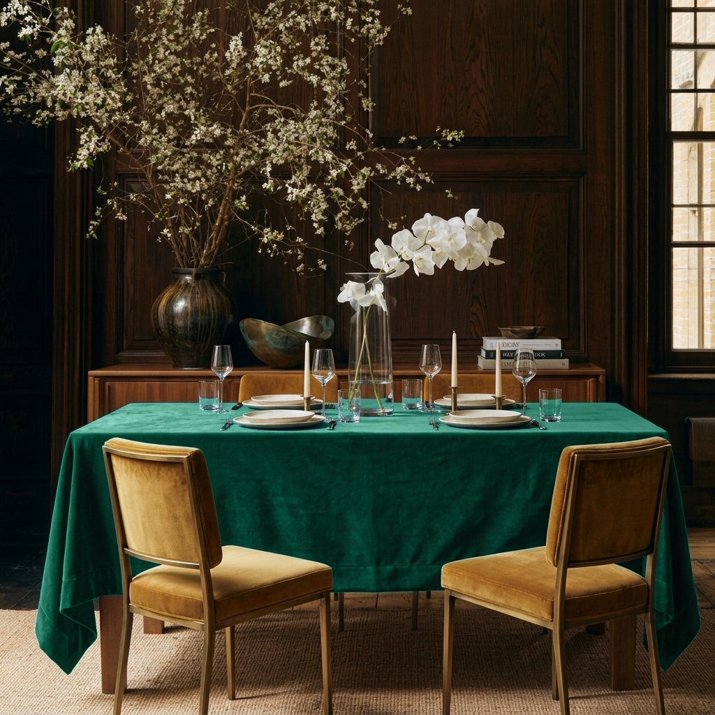 Emerald Green Rectangular Velvet Tablecloth in a Traditional Dining Room with Dark Wood Paneling and Mustard Velvet Chairs