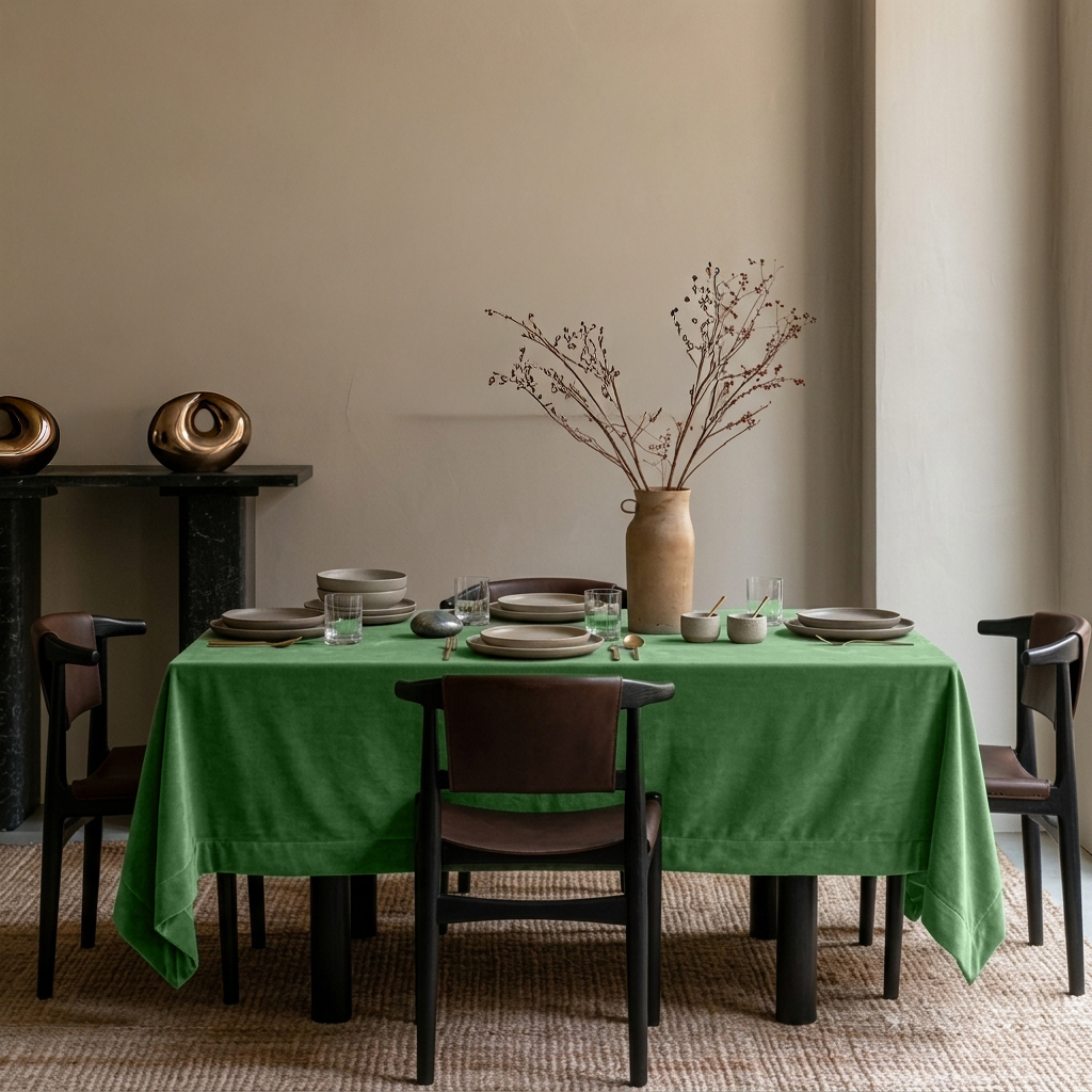 Fern Green Rectangular Velvet Tablecloth in a Contemporary Dining Room with Brown Leather Chairs and Black Marble Fireplace