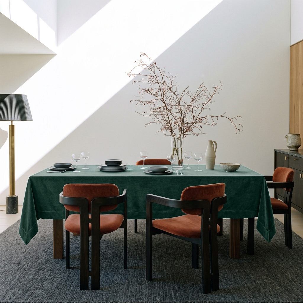 Hunter Green Rectangular Velvet Tablecloth in a Contemporary Dining Room with Rust Upholstered Chairs and Black Sideboard