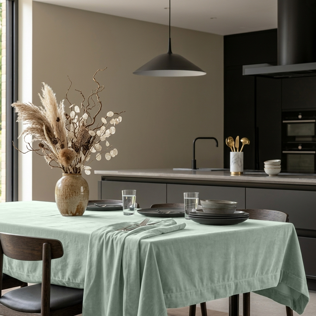 Mint Green Rectangular Velvet Tablecloth in a Contemporary Kitchen with Black Cabinetry and Dark Wood Chairs
