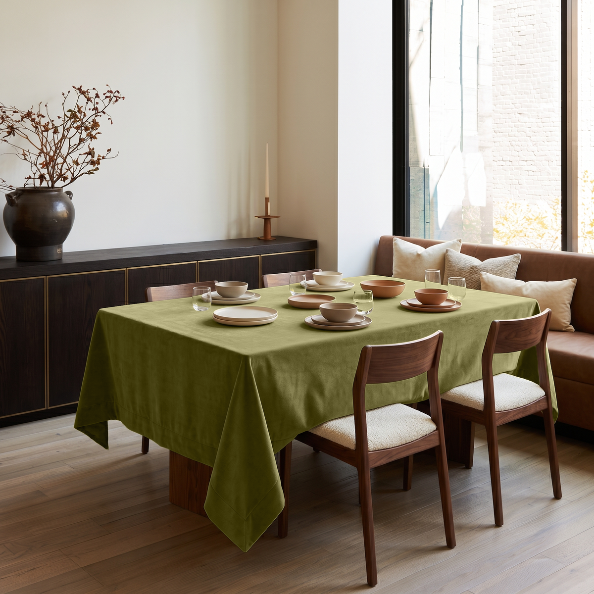 Moss Green Rectangular Velvet Tablecloth in a Mid-Century Modern Dining Room with Walnut Chairs and Cognac Banquette
