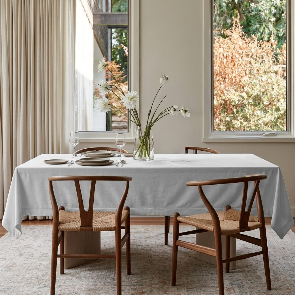 Off-White Rectangular Velvet Tablecloth in a Scandinavian Dining Room with Wishbone Chairs and Cream Curtains