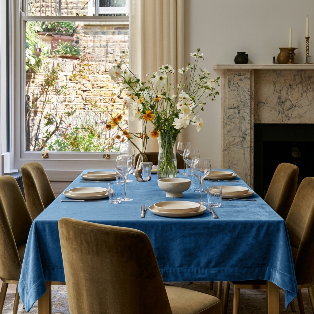 Steel Blue Rectangular Velvet Tablecloth in a Traditional Dining Room with Marble Fireplace and Olive Velvet Chairs