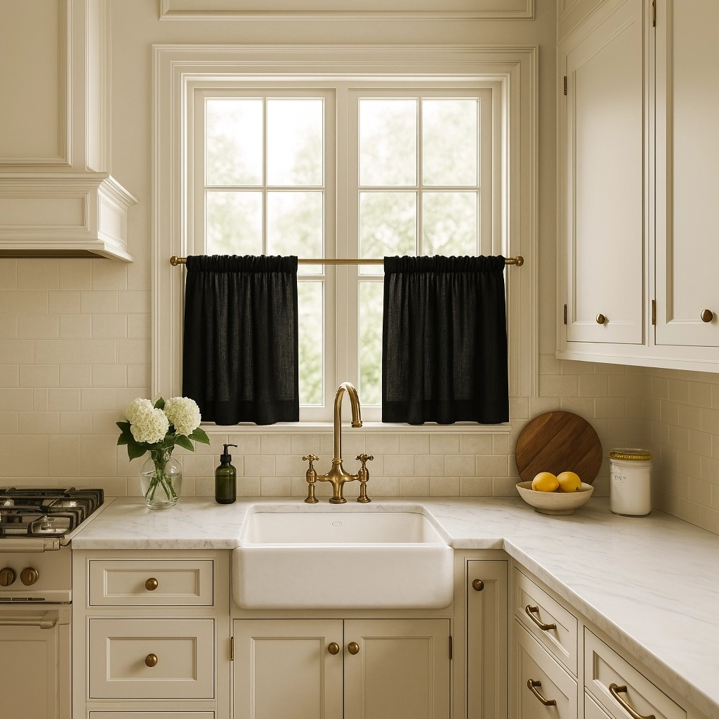 Black Linen Kitchen Cafe Curtains Over Sink