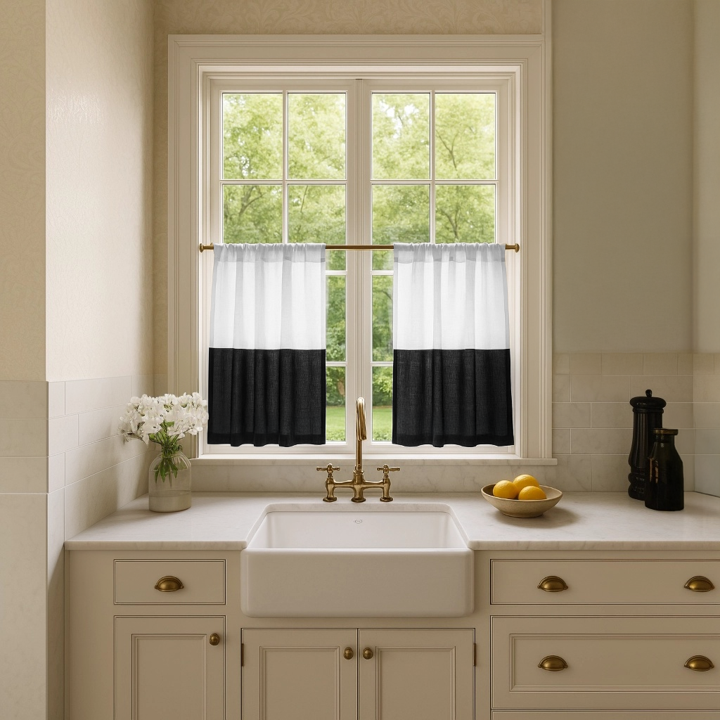 Black and White Linen Kitchen Curtains