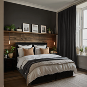 Dark Grey Velvet Rod Pocket Curtains in a Cozy Modern Bedroom with a Dark Accent Wall