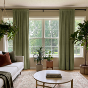 Olive Green Velvet Rod Pocket Curtains in a Bright Living Room with Soft Beige Walls