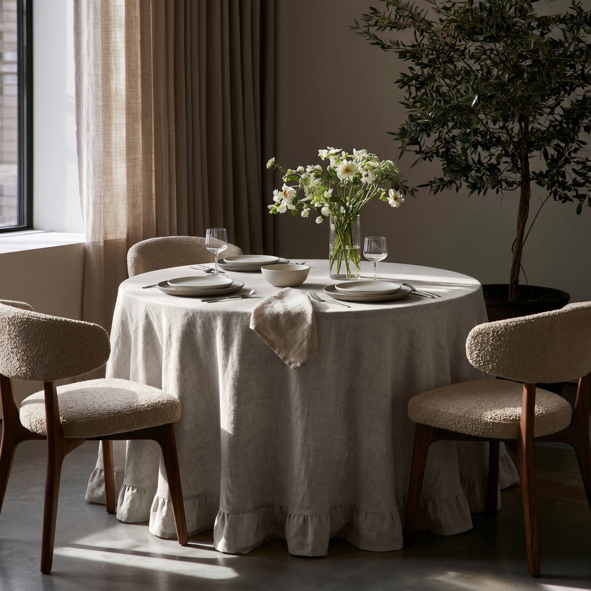 Natural Linen Round Ruffle Tablecloth in a Moody Dining Room with Taupe Drapery and Cream Bouclé Chairs