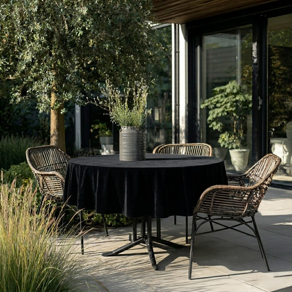 Black Velvet Round Tablecloth in a Garden Patio Dining Setting with Dark Wicker Chairs