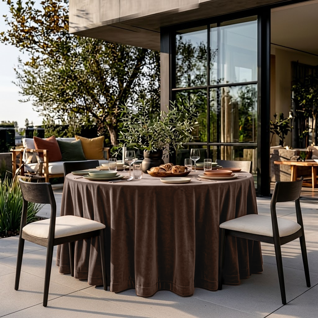 Chocolate Brown Velvet Round Tablecloth in an Outdoor Patio Dining Space