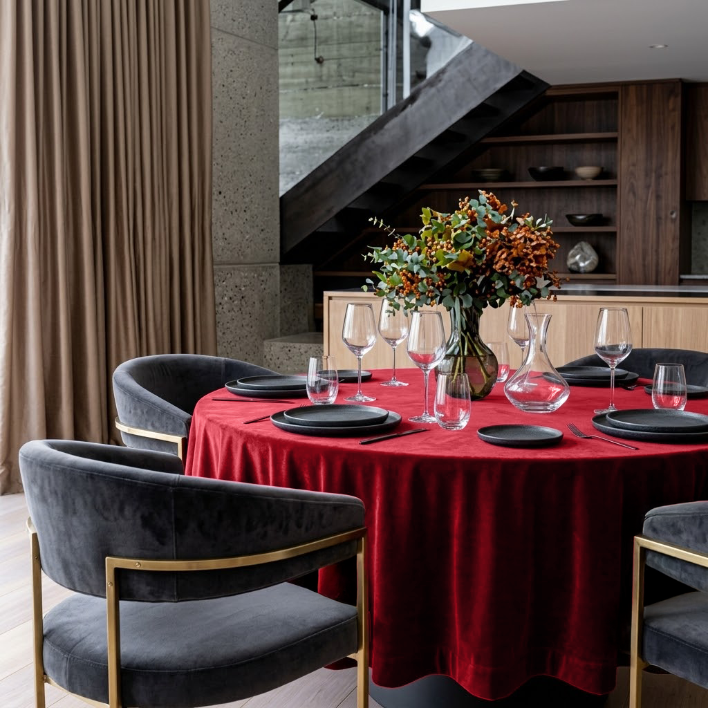 Dark Deep Red Velvet Round Tablecloth in a Modern Dining Room with Dark Velvet Chairs