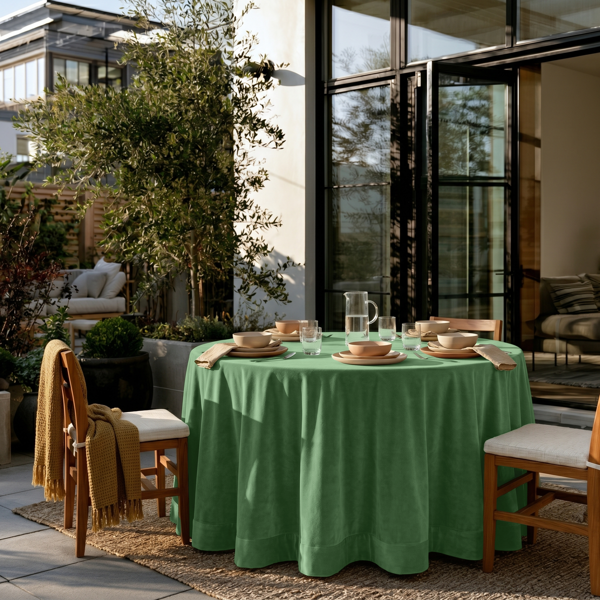 Fern Green Velvet Round Tablecloth in an Outdoor Patio Dining Space