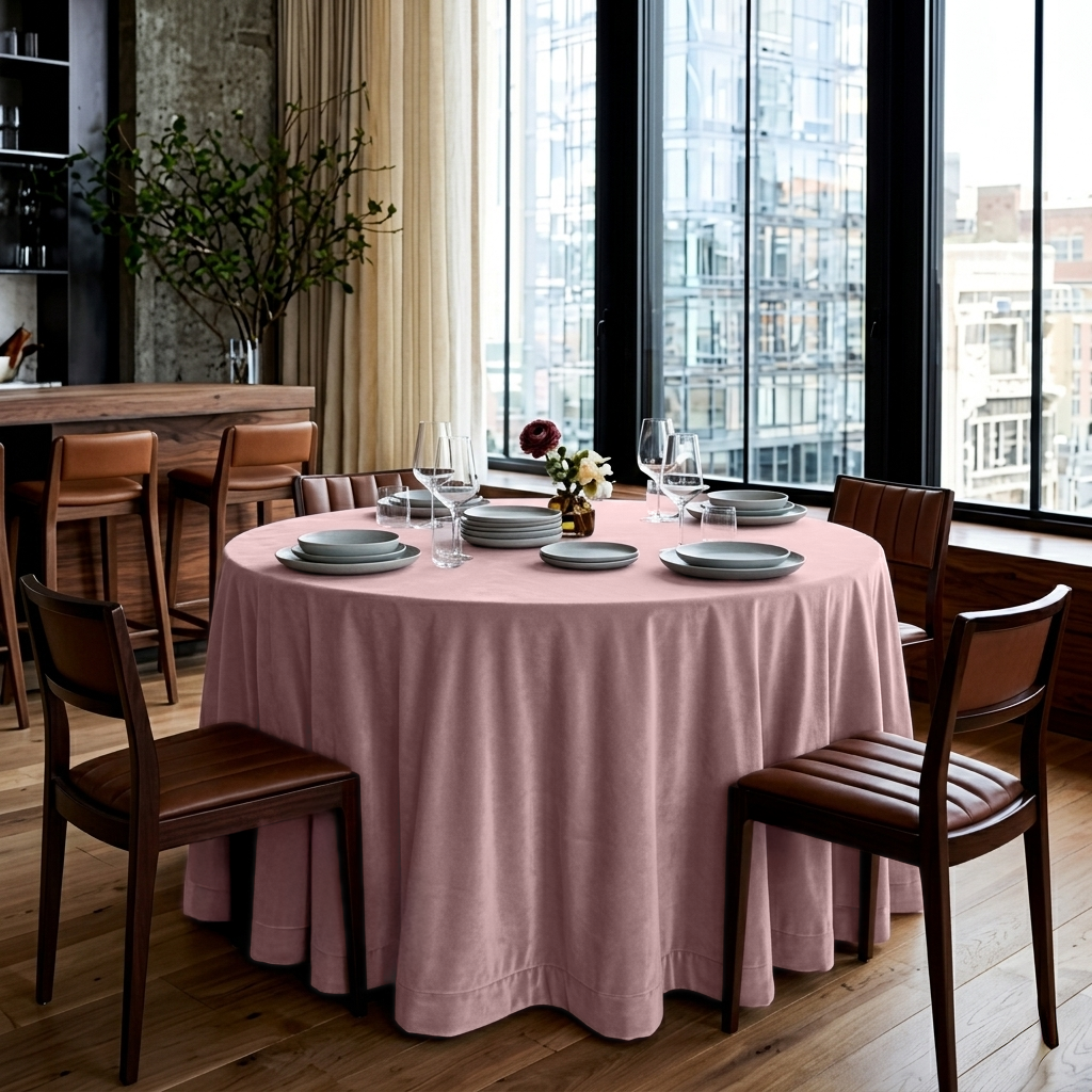 Pink Velvet Round Tablecloth in an Urban Dining Room with Black Window Frames, Cream Curtains and Brown Leather Chairs