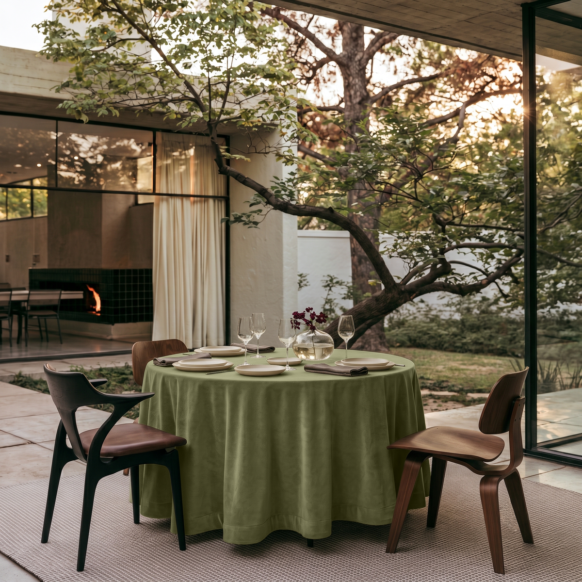 Olive Green Round Velvet Tablecloth in an Outdoor Dining Area with Walnut Chairs and Garden Views
