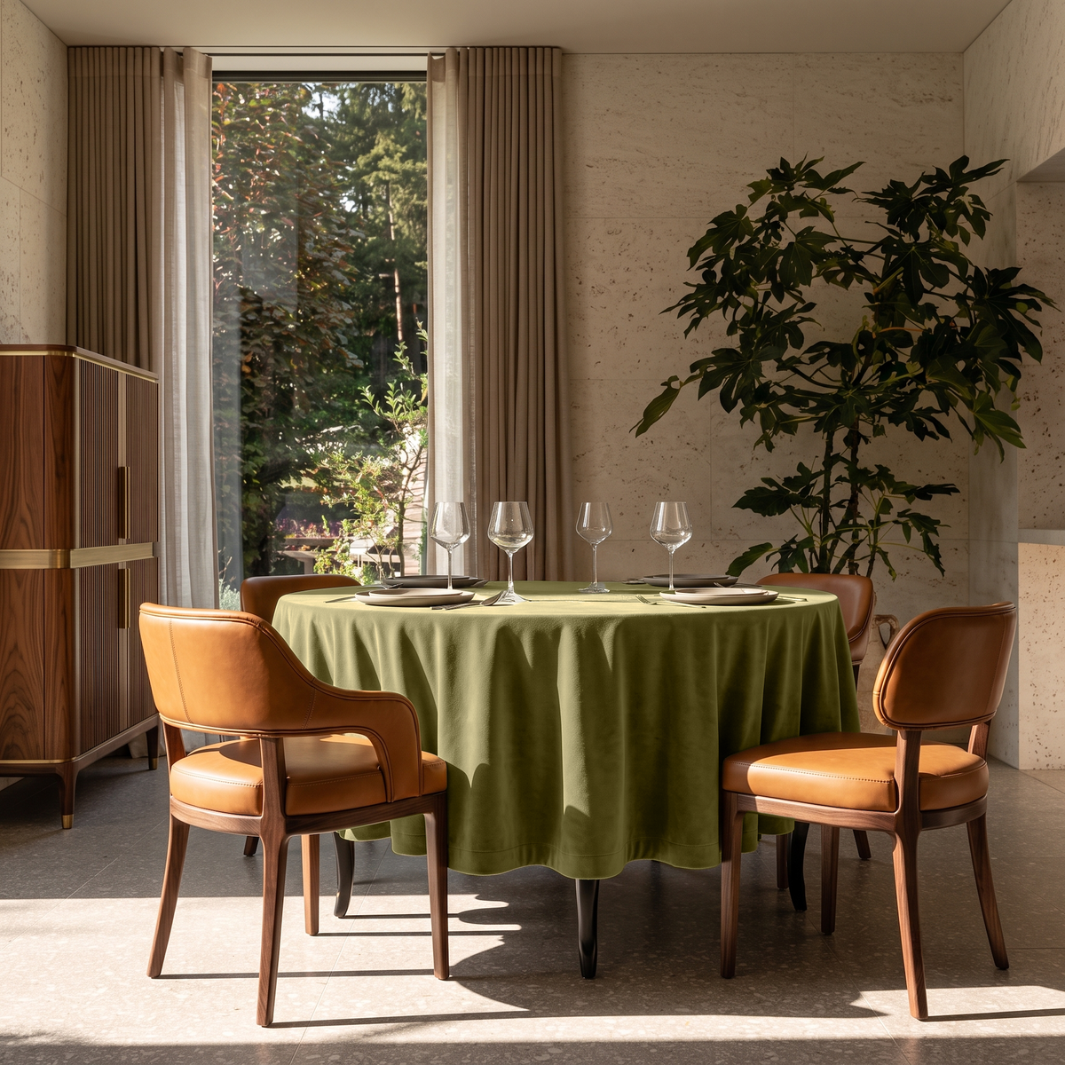 Moss Green Round Velvet Tablecloth in an Elegant Dining Room with Stone Walls and Caramel Leather Chairs