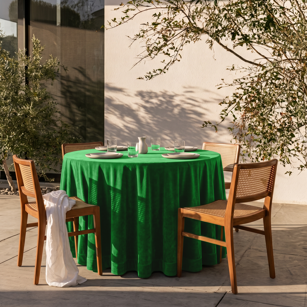 Lime Green Round Velvet Tablecloth on a Sunny Patio with White Stucco Walls and Cane Chairs