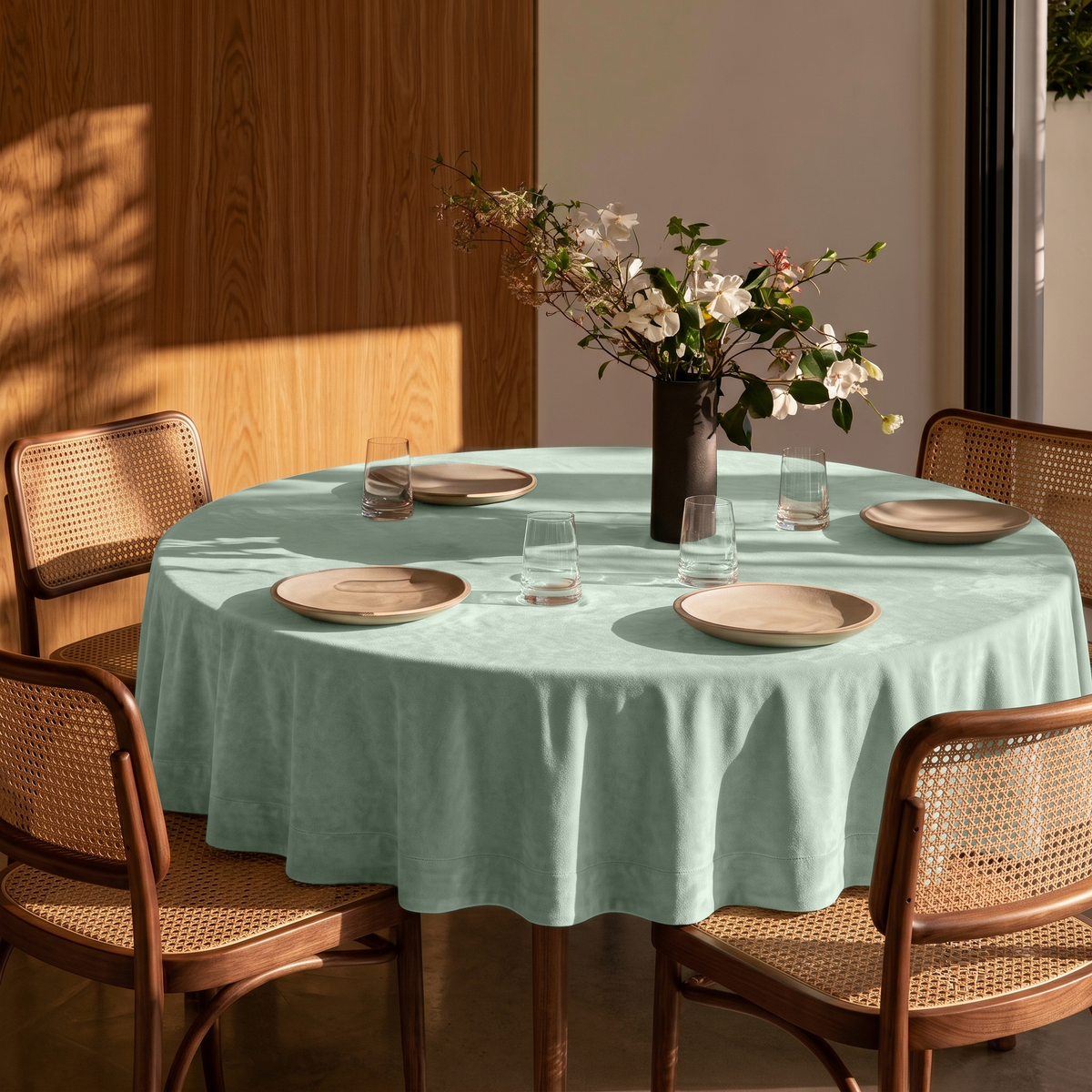 Mint Green Round Velvet Tablecloth in a Dining Room with Warm Wood Paneling and Cane Dining Chairs Accents