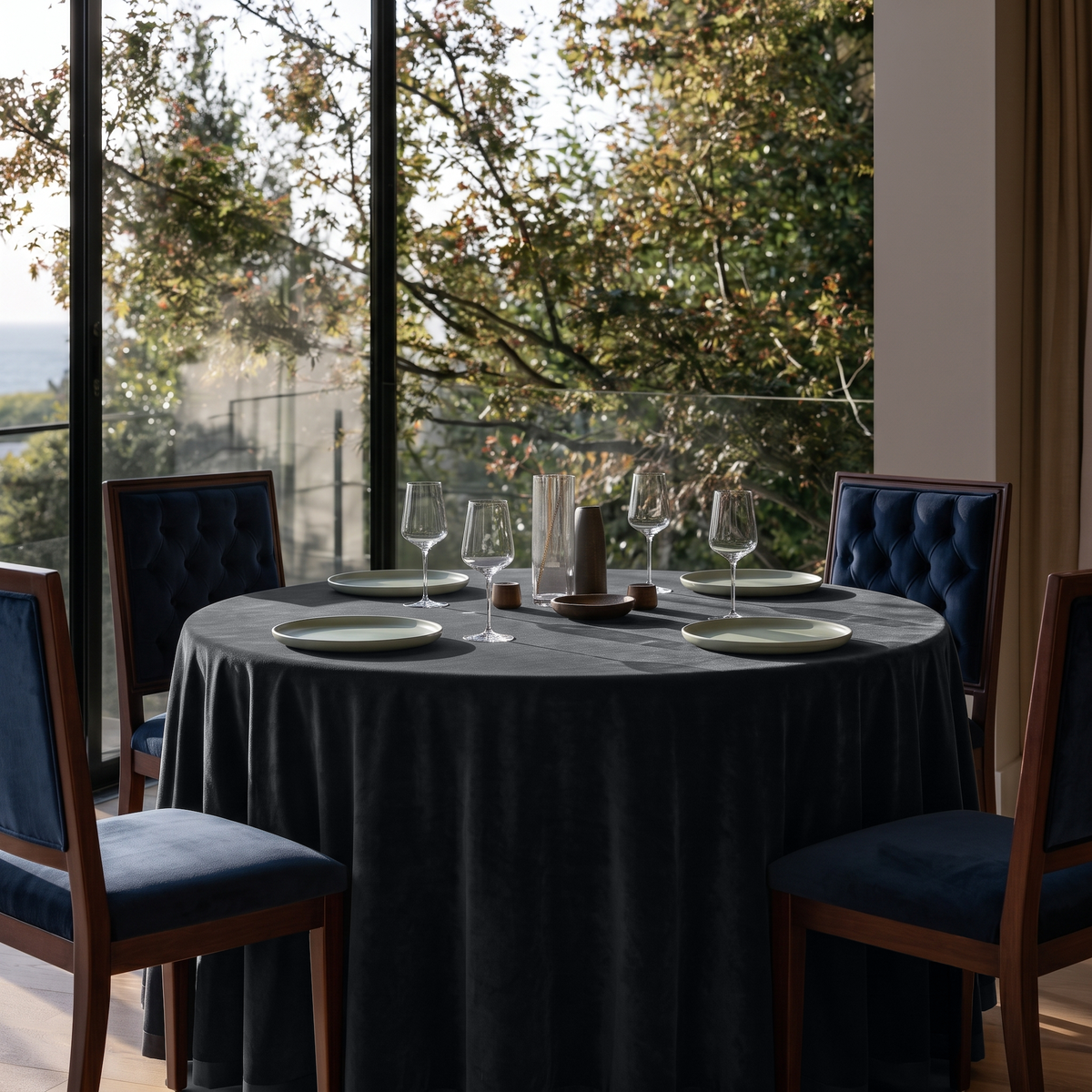 Steel Black Round Velvet Tablecloth in a Dining Room with Blue Upholstered Chairs