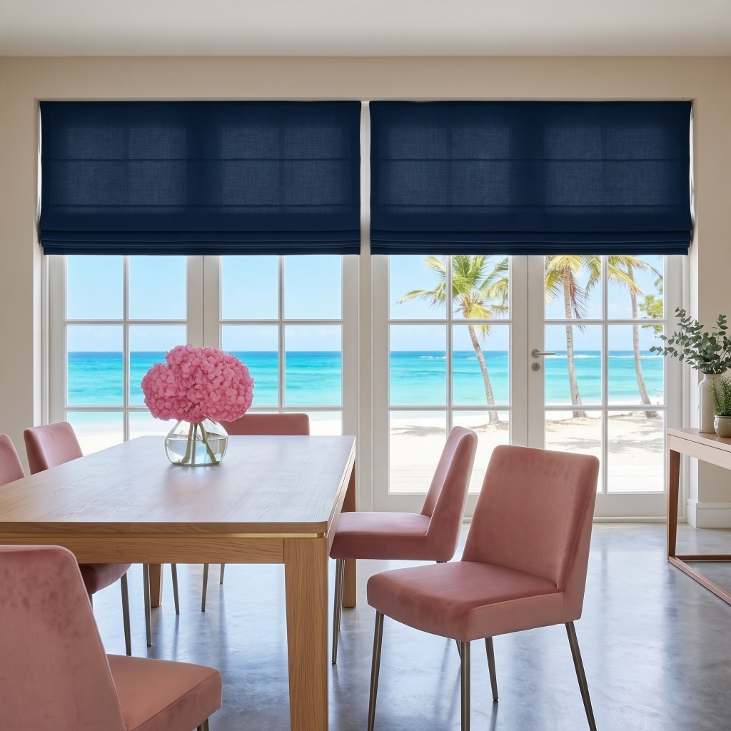 Royal Blue Linen Cordless Roman Blinds in a Coastal Dining Room with Beige Walls, a Light Wood Dining Table and Pink Velvet Chairs.