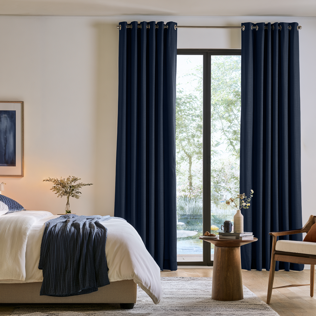 Royal Blue Linen Eyelets Extra Long Curtains in a Contemporary Bedroom with Garden View and Wooden Accent Furniture