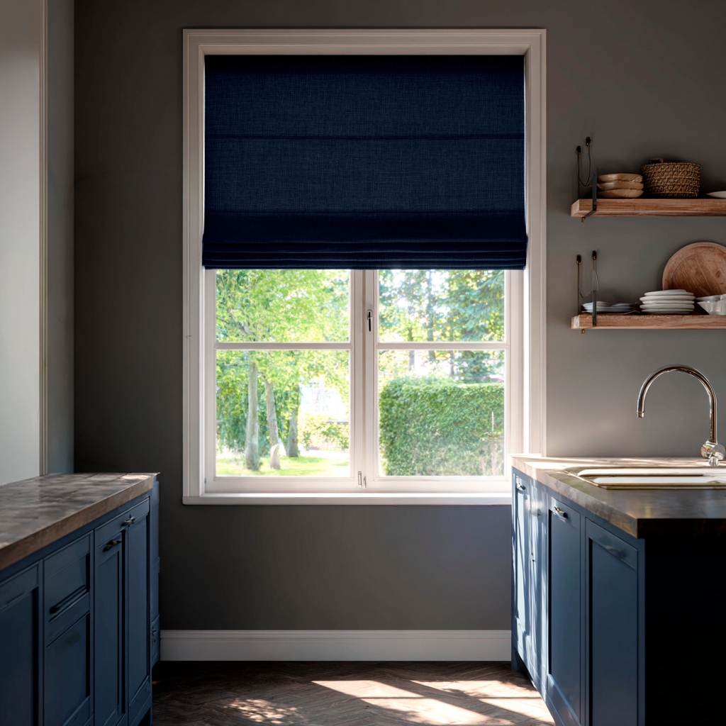Royal Blue Linen Kitchen Roman Blinds in a Moody Contemporary Kitchen with Blue Cabinetry - Cotton Lining