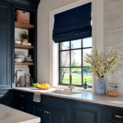 Royal Blue Linen Kitchen Roman Shades in an Elegant Kitchen with Navy Cabinetry - Blackout Lining