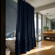Royal Blue Linen Ruffled Shower Curtain