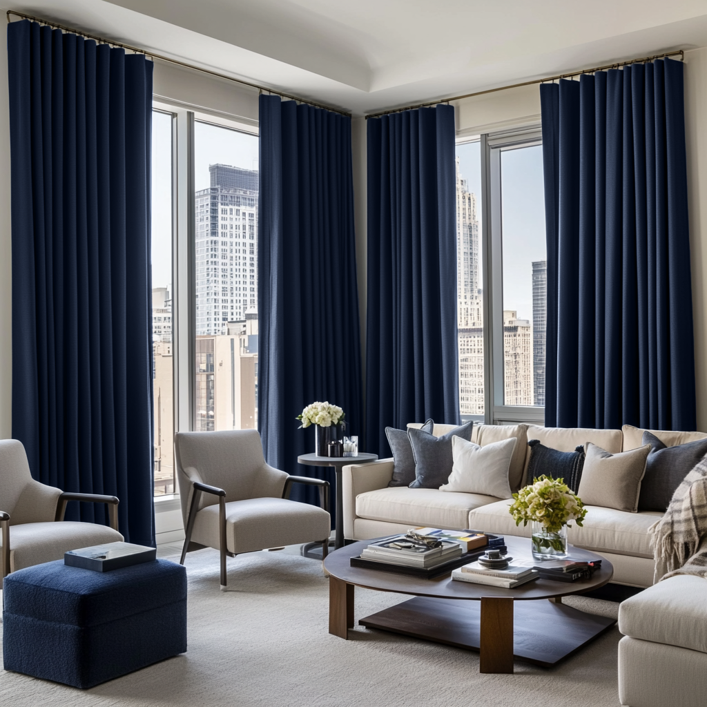 Royal Blue Linen Thermal S-Fold Curtains