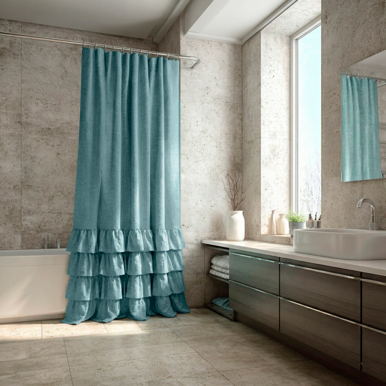 Aquamarine Blue Linen Ruffle Shower Curtain in a Minimal Neutral Bathroom