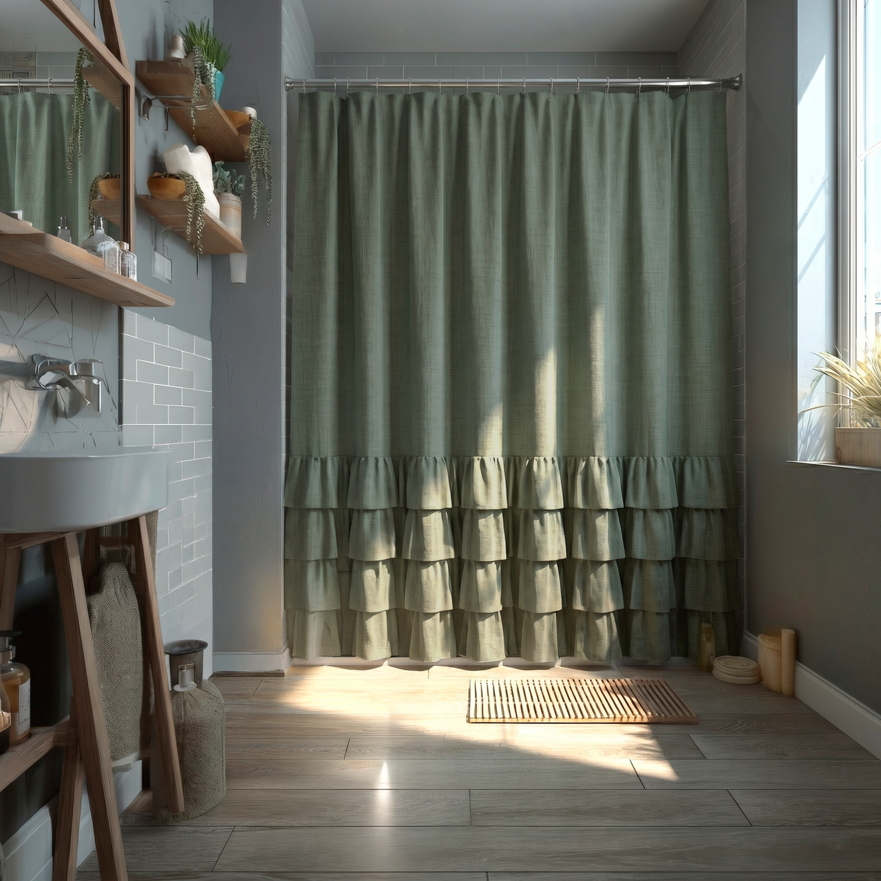 Asparagus Green Linen Ruffle Shower Curtain in a Cozy Contemporary Bathroom with Charcoal Grey Walls