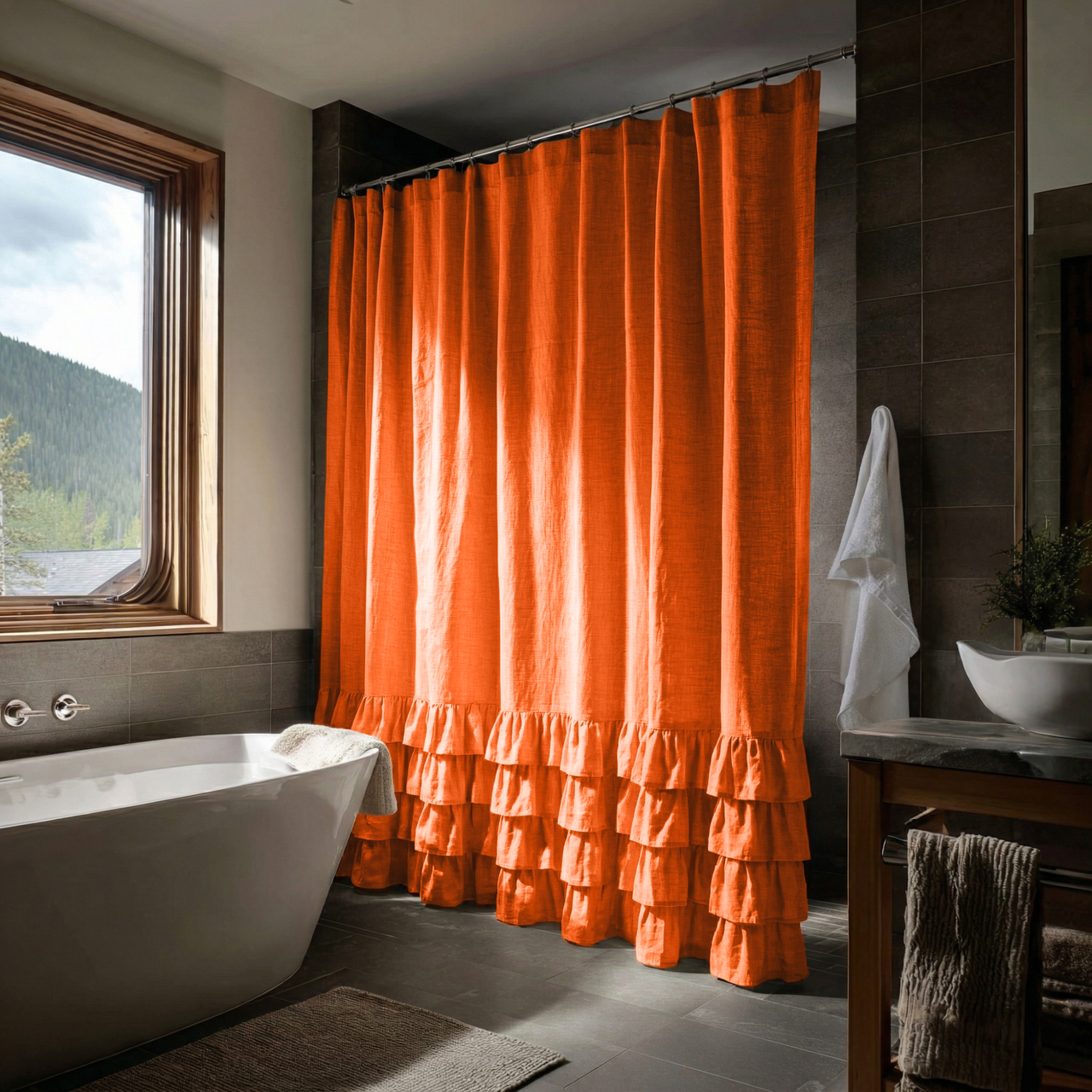 Burnt Orange Linen Ruffled Shower Curtain