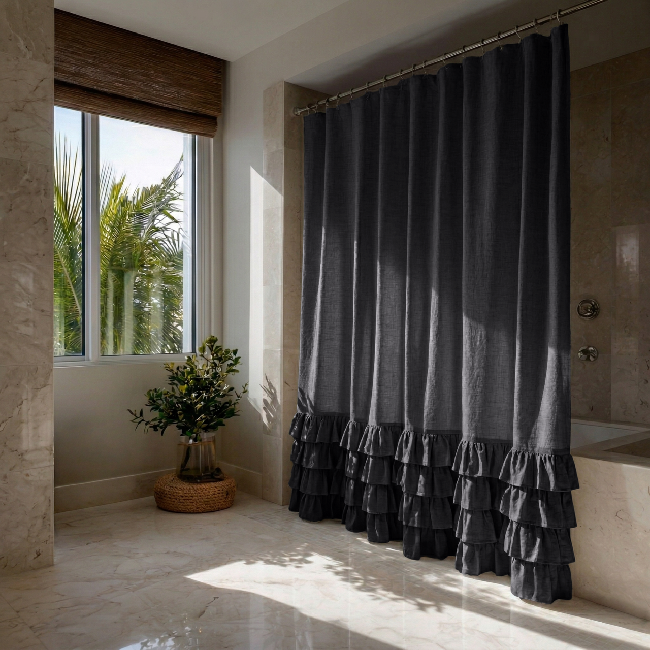 Charcoal Grey Linen Ruffled Shower Curtain