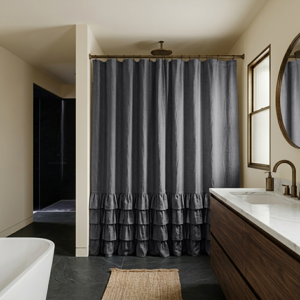 Dim Grey Linen Ruffled Shower Curtain