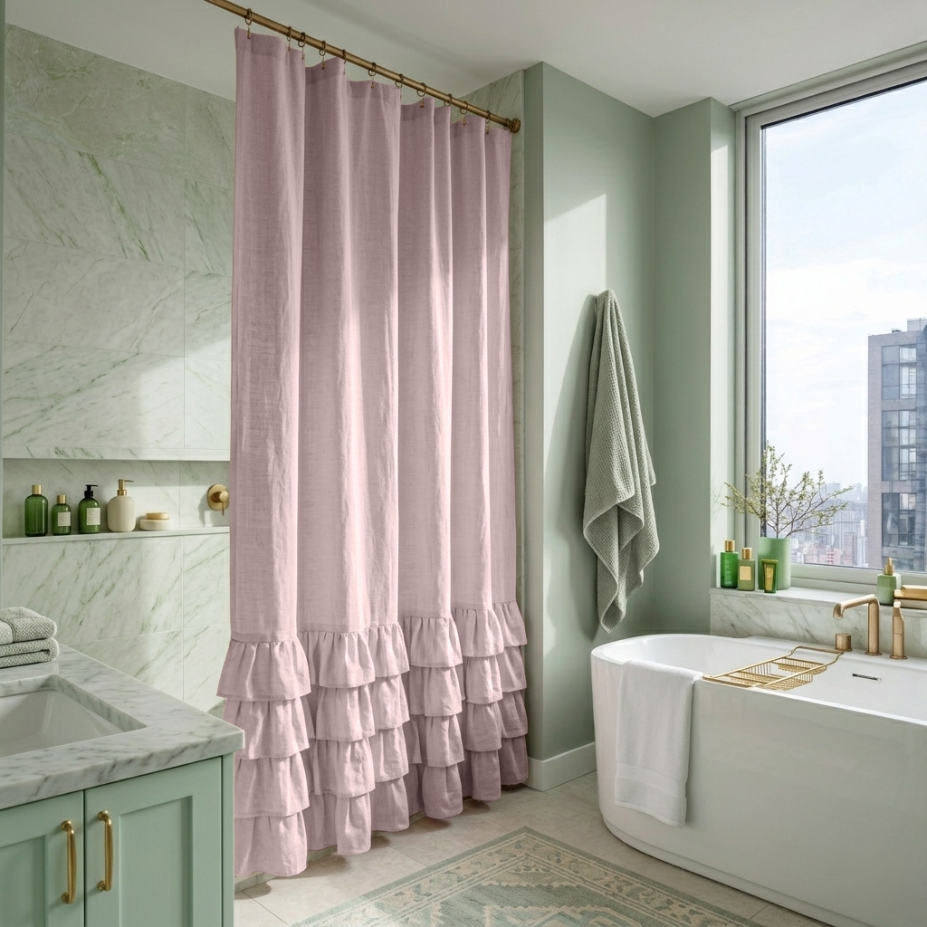 Dusty Pink Linen Ruffled Shower Curtain