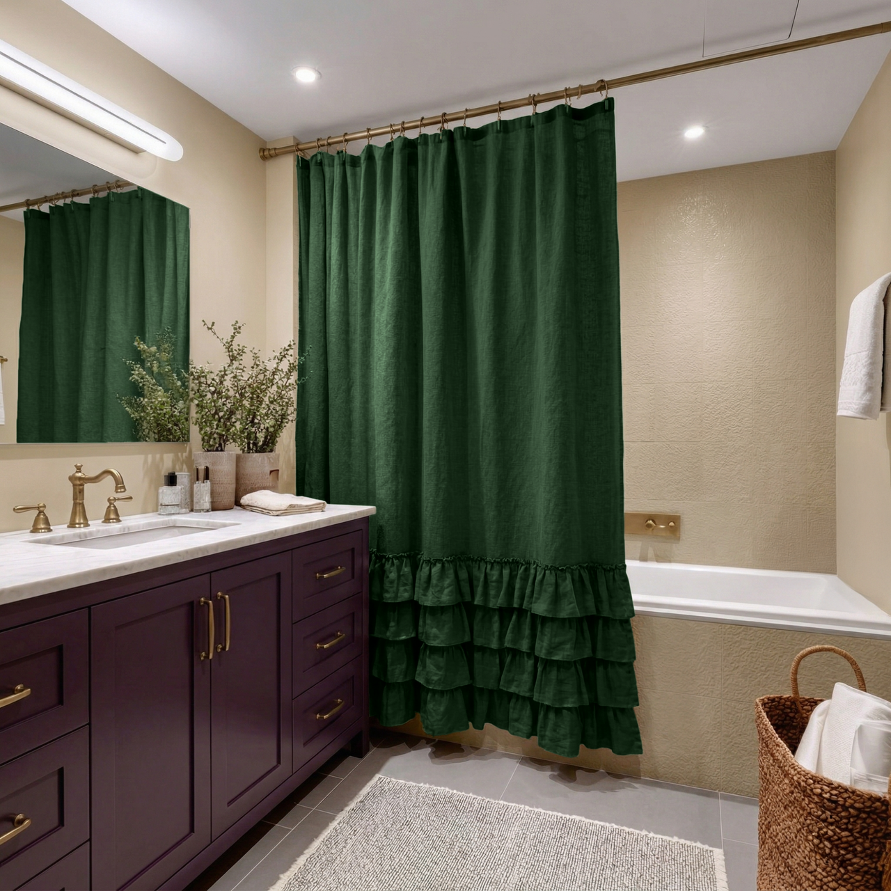 Forest Green Linen Ruffled Shower Curtain