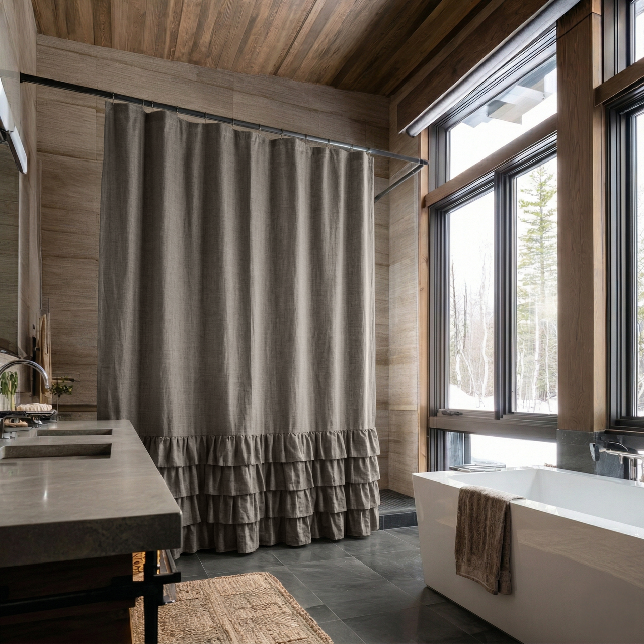 Natural Heavy Weight Linen Ruffled Shower Curtain