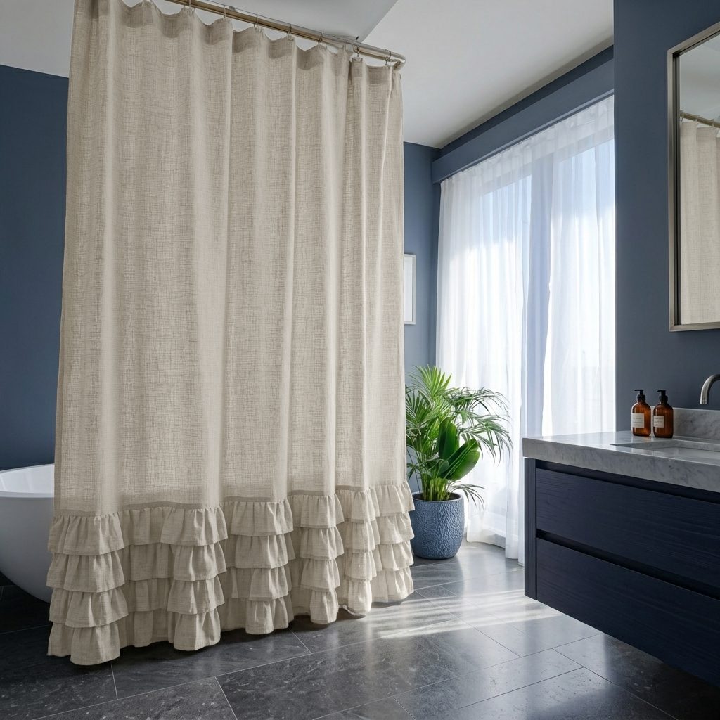 Natural Linen Ruffled Shower Curtain