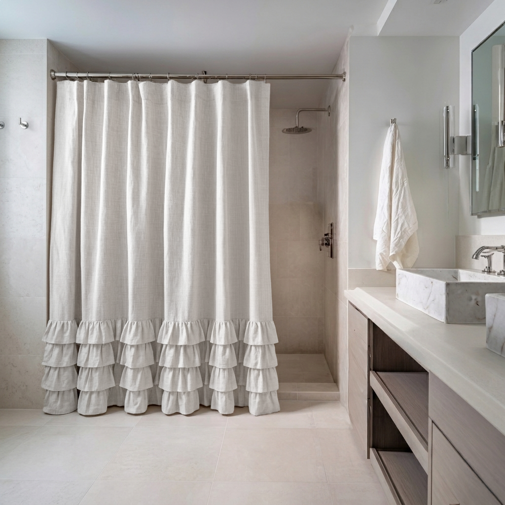 Off-White Heavy Weight Linen Ruffled Shower Curtain