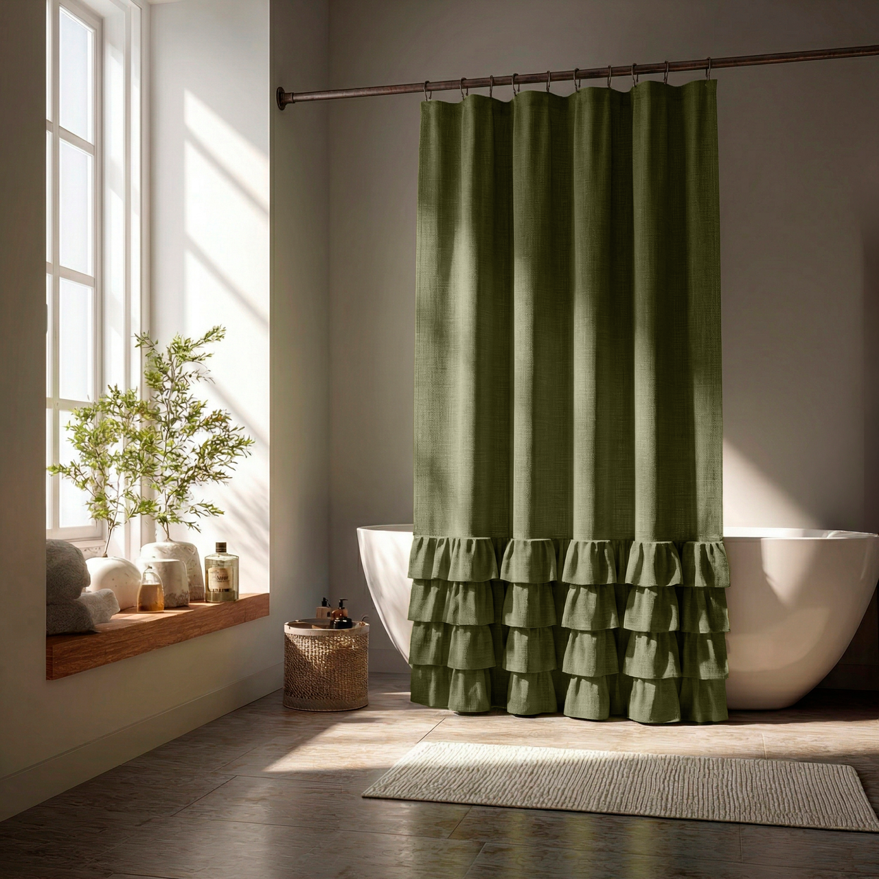Olive Green Linen Ruffle Shower Curtain in a Sunlit Minimal Bathroom