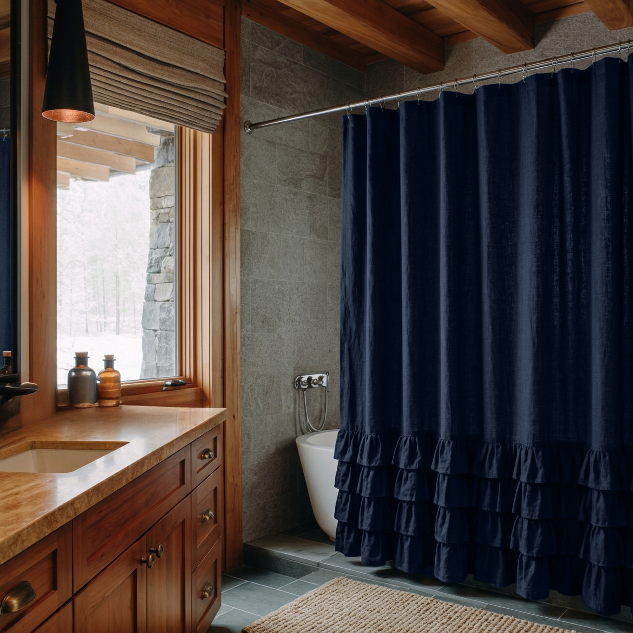 Royal Blue Linen Ruffled Shower Curtain