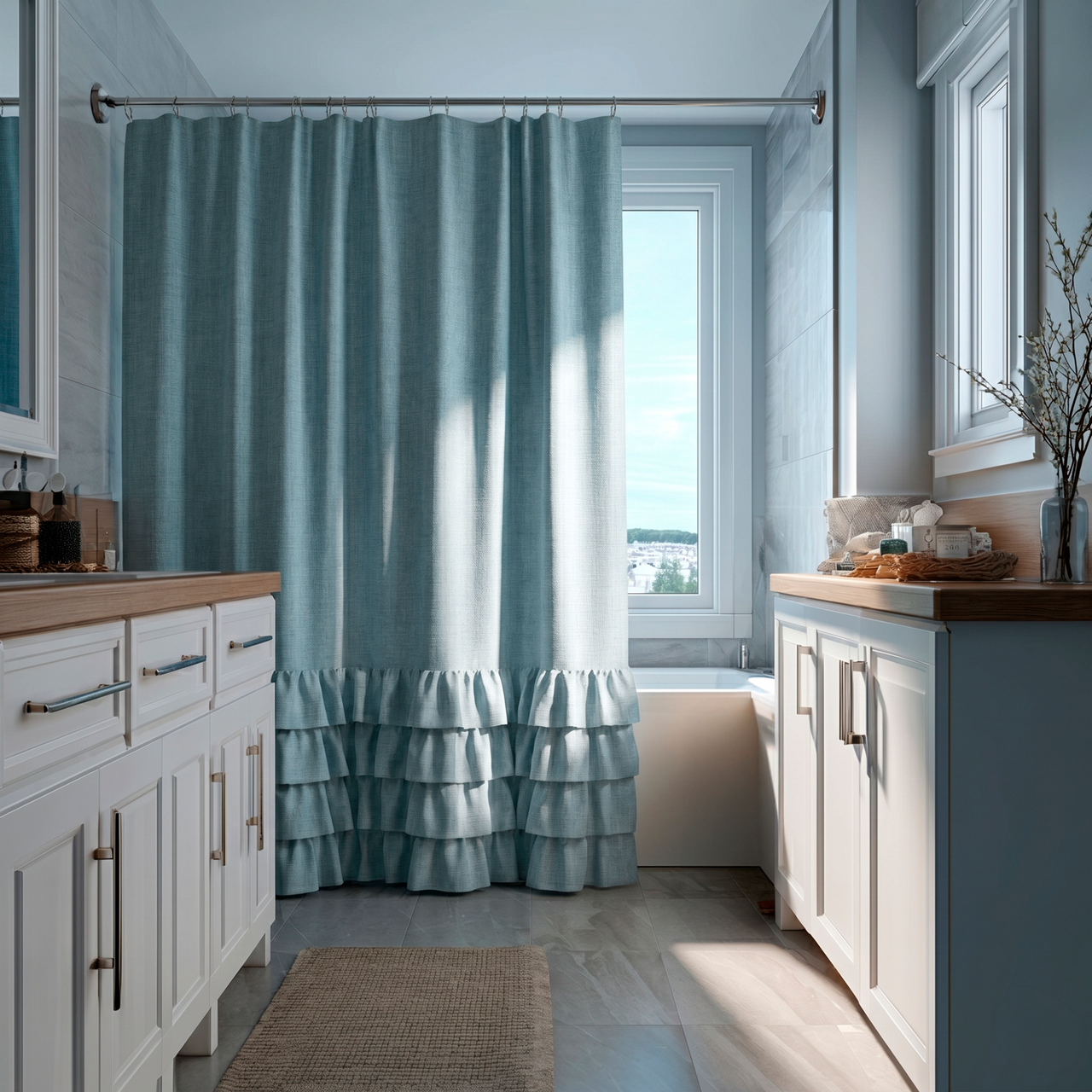 Sky Blue Linen Ruffle Shower Curtain in a Bright Modern Bathroom with Pale Blue Walls and White Cabinetry