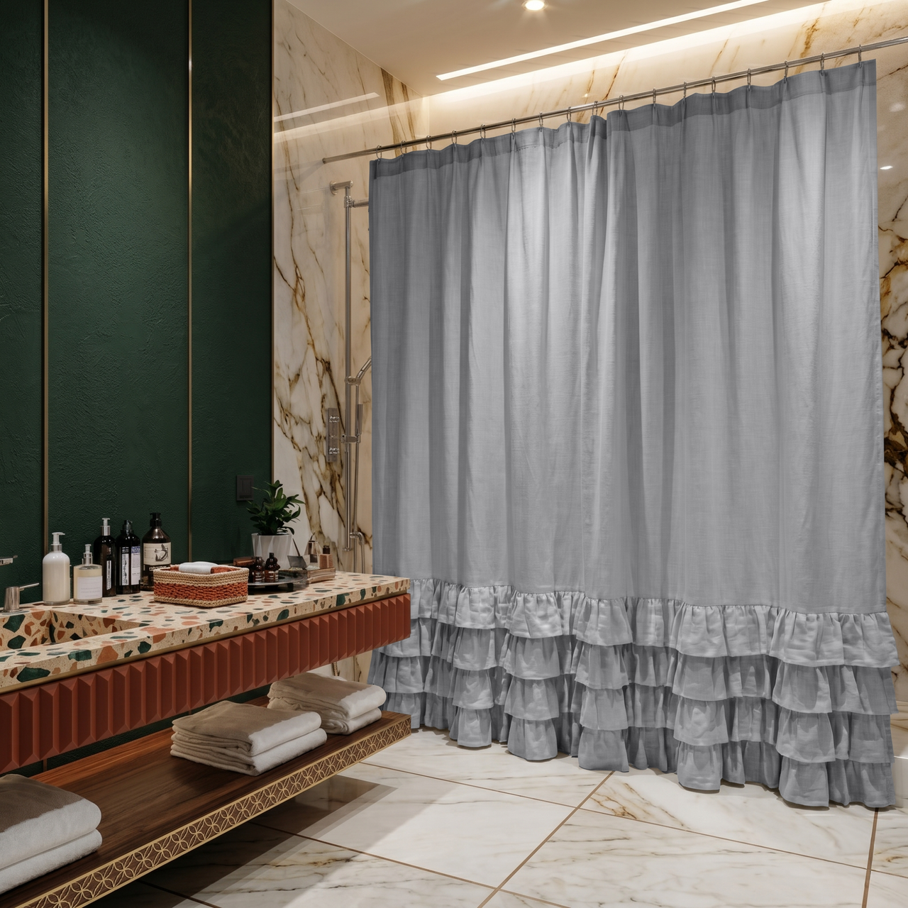 Stone Grey Linen Ruffle Shower Curtain in a Glam Modern Bathroom with Dark Emerald Walls and Terrazzo Accents